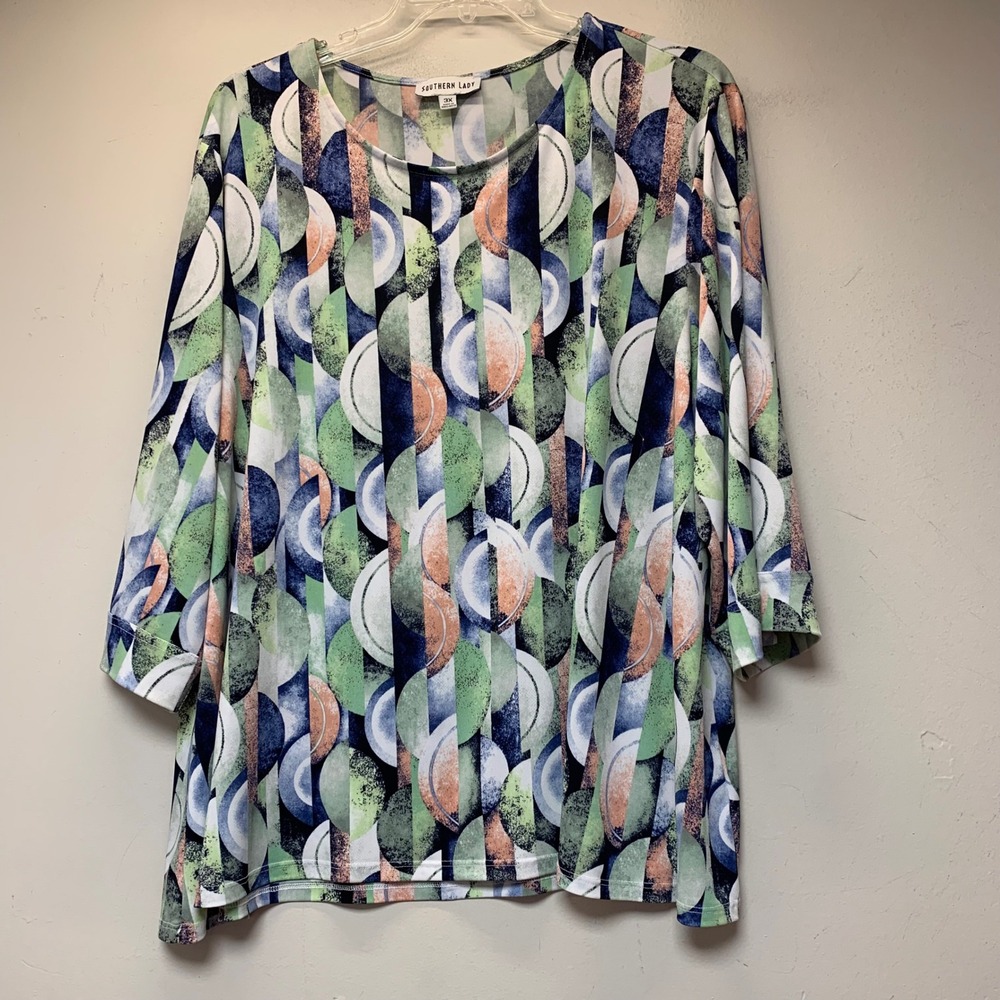 Southern Lady Top Women 3X Multicolor Excellent Geometric 3/4 Sleeve 4714W